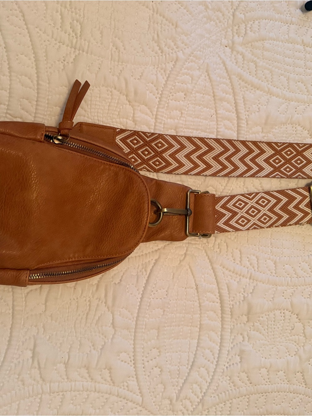 Anthropologie Chestnut Brown Leather Sling Bag with Patterned Strap